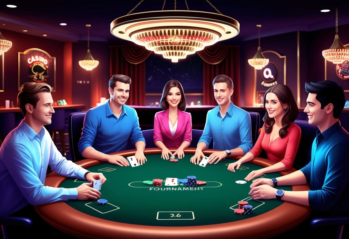 Un tournoi de poker virtuel avec des joueurs chez eux, entourés de décorations sur le thème des casinos et d'un éclairage tamisé, avec des cartes et des jetons sur la table.