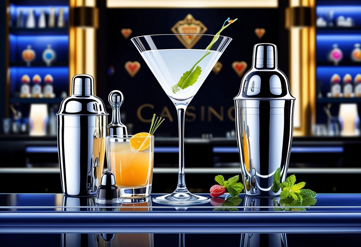 Un bar élégant et poli, situé dans un décor sur le thème du casino. Un verre à martini rempli d'une boisson claire repose élégamment sur le comptoir, entouré de shakers, de garnitures et d'autres outils de préparation de cocktails.