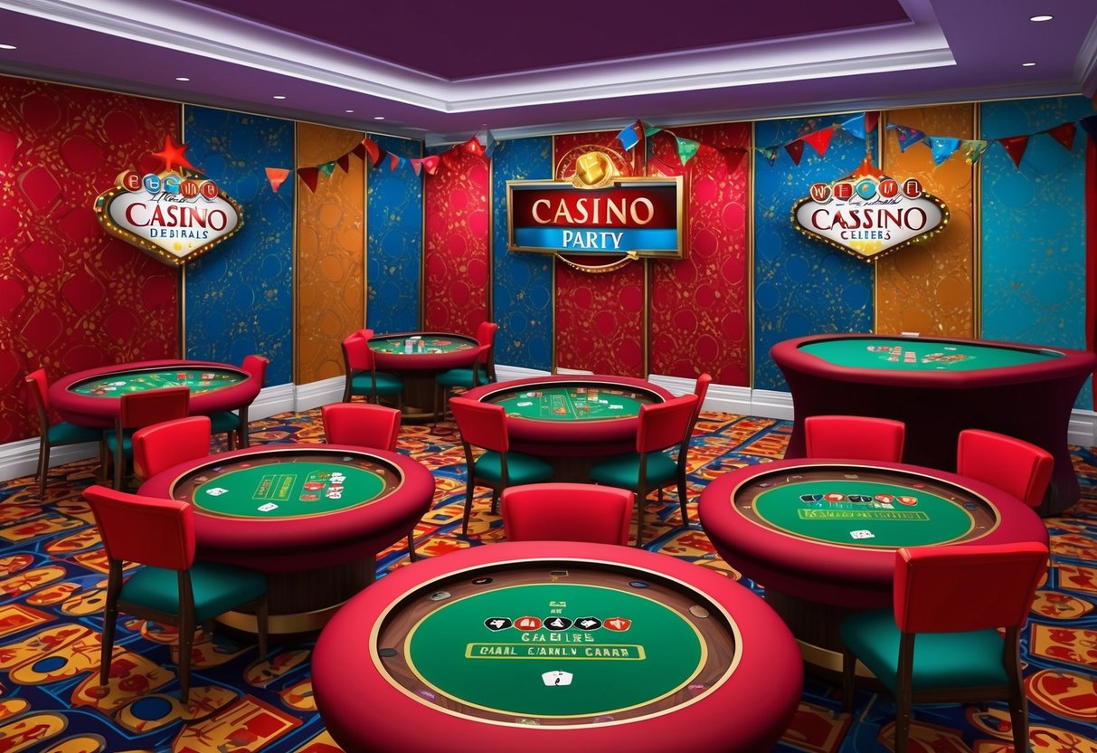 Une scène de fête de casino virtuel avec un papier peint de casino coloré, des tables de jeu virtuelles et des décorations de fête