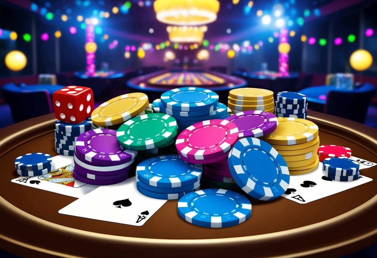 Des jetons de casino factices colorés éparpillés sur une table, entourés de cartes à jouer et de dés. Une atmosphère festive avec des lumières vives et des décorations crée le cadre d'une parfaite soirée de casino en ligne à la maison.