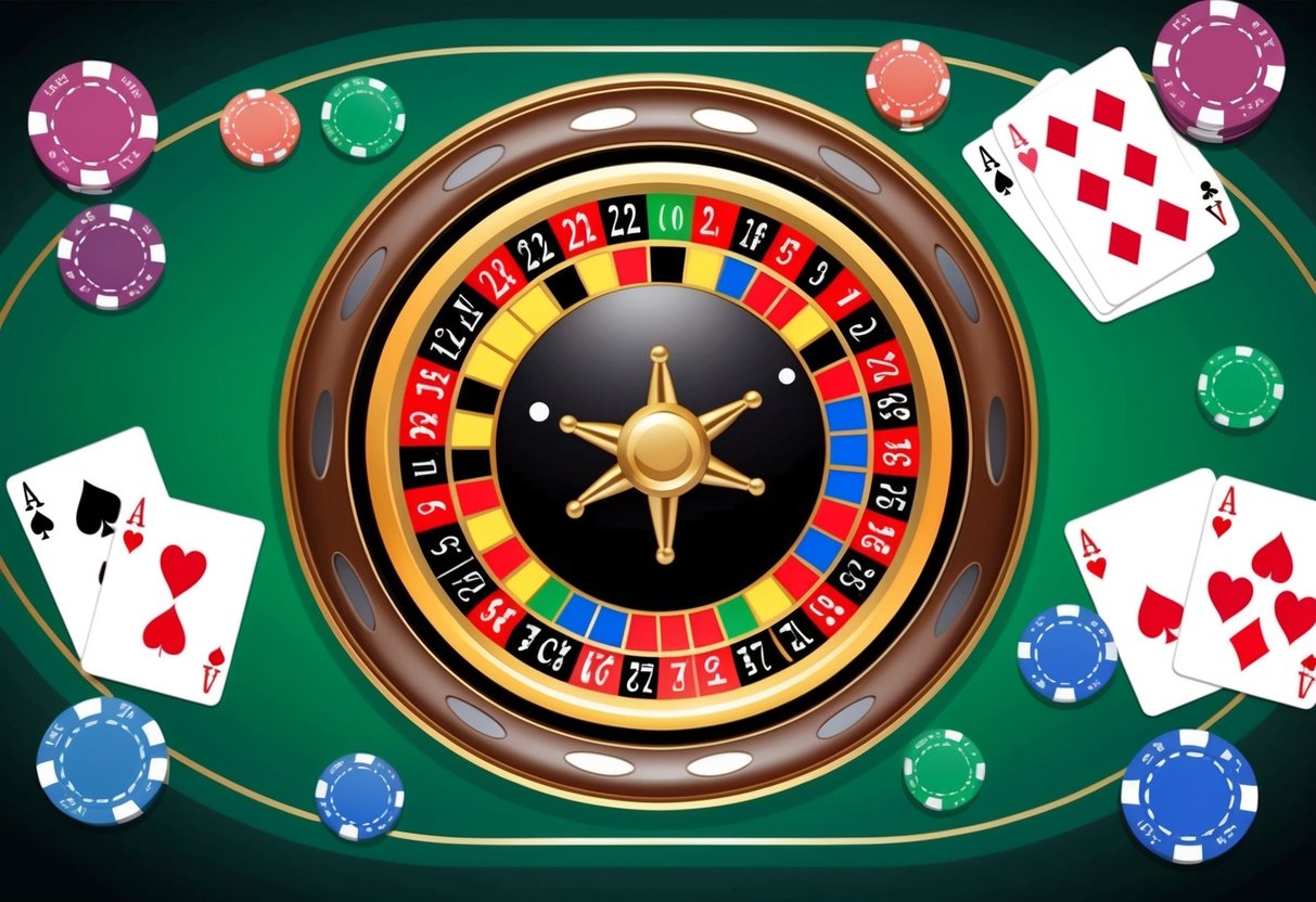 Une roue de roulette en ligne colorée tourne sur une table de casino virtuelle entourée de jetons de poker virtuels et de cartes à jouer, créant une ambiance animée et vibrante pour une parfaite soirée de casino en ligne à la maison.