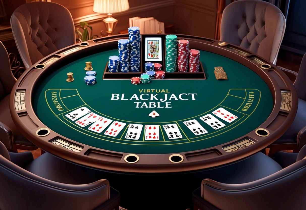 Une table de blackjack virtuelle avec des cartes et des jetons, entourée d'un cadre domestique confortable avec un éclairage tamisé et une décoration élégante