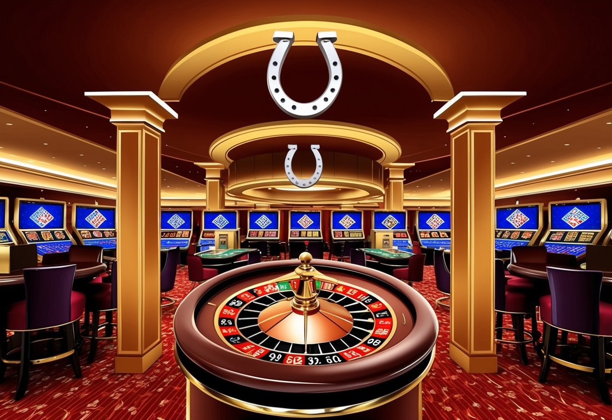 Un sol de casino avec une roulette, un jeu de cartes et un fer à cheval suspendu au-dessus de l'entrée pour porter chance.