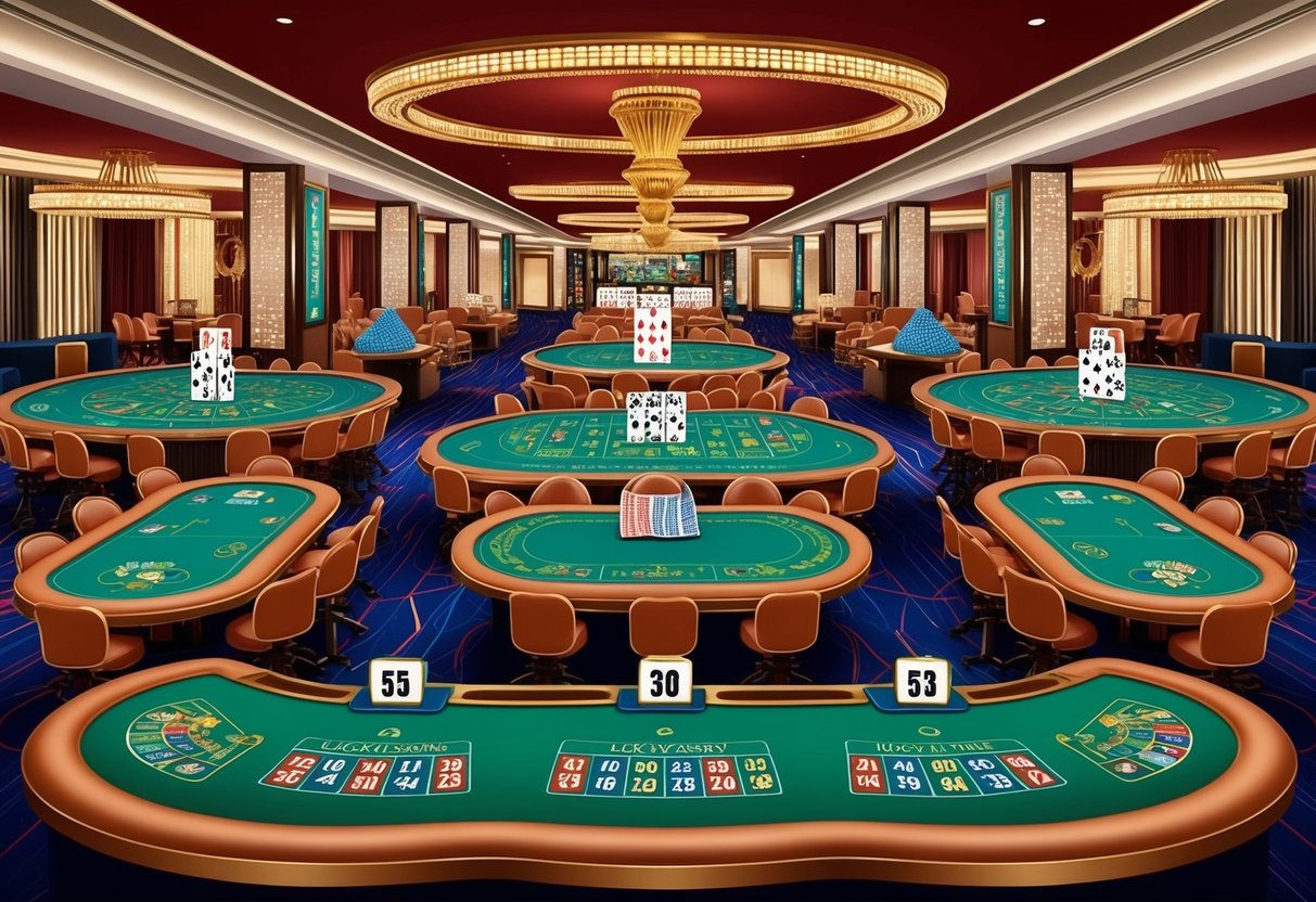 Un sol de casino avec diverses superstitions et rituels représentés, tels que des porte-bonheurs, des motifs de numéros et des arrangements spécifiques de sièges aux tables.