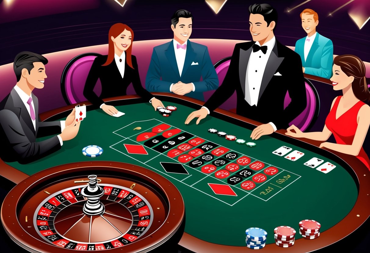 Un cadre de casino élégant avec une table de roulette, des cartes et des jetons. Un croupier interagit avec les joueurs de manière professionnelle et courtoise.