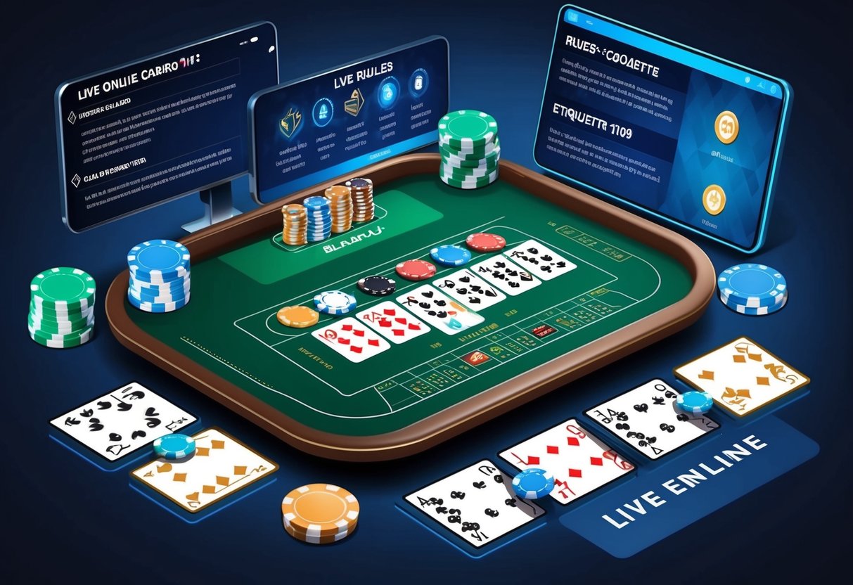 Une table de blackjack avec des cartes et des jetons virtuels, entourée d'une interface numérique affichant les règles et les conseils d'étiquette pour le jeu de casino en direct en ligne.