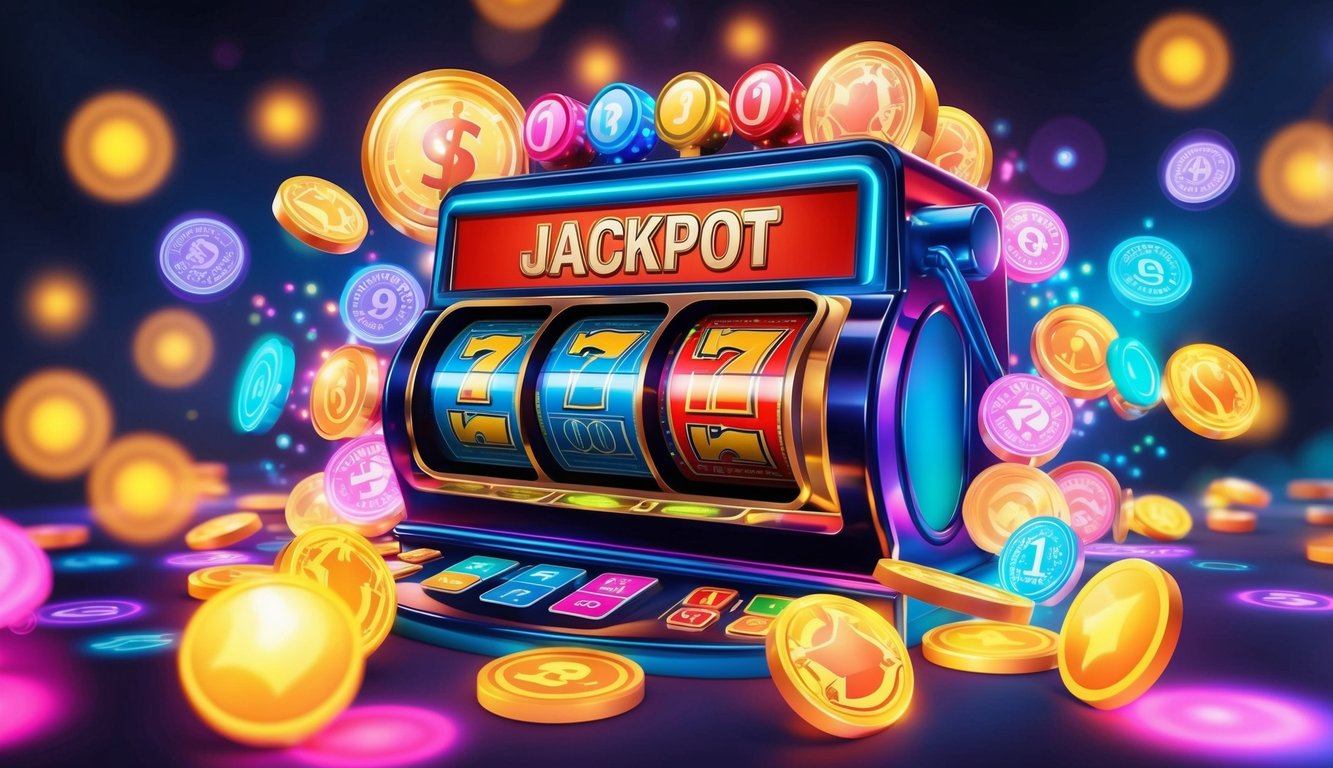 Sebuah mesin slot online berwarna-warni dikelilingi oleh lampu yang bersinar dan simbol-simbol, dengan tampilan digital yang menunjukkan hadiah jackpot