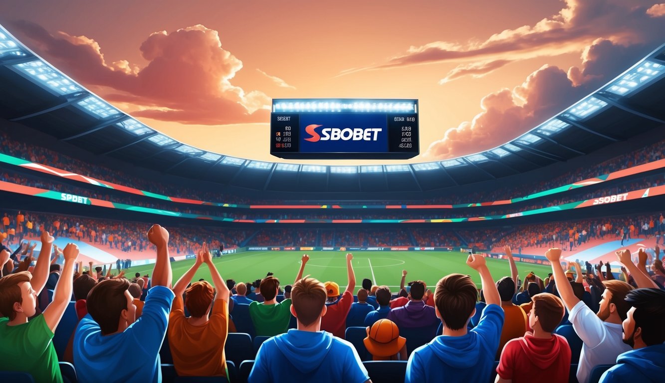 Sebuah stadion olahraga yang ramai dengan penggemar yang bersorak dan papan skor yang menampilkan logo Sbobet