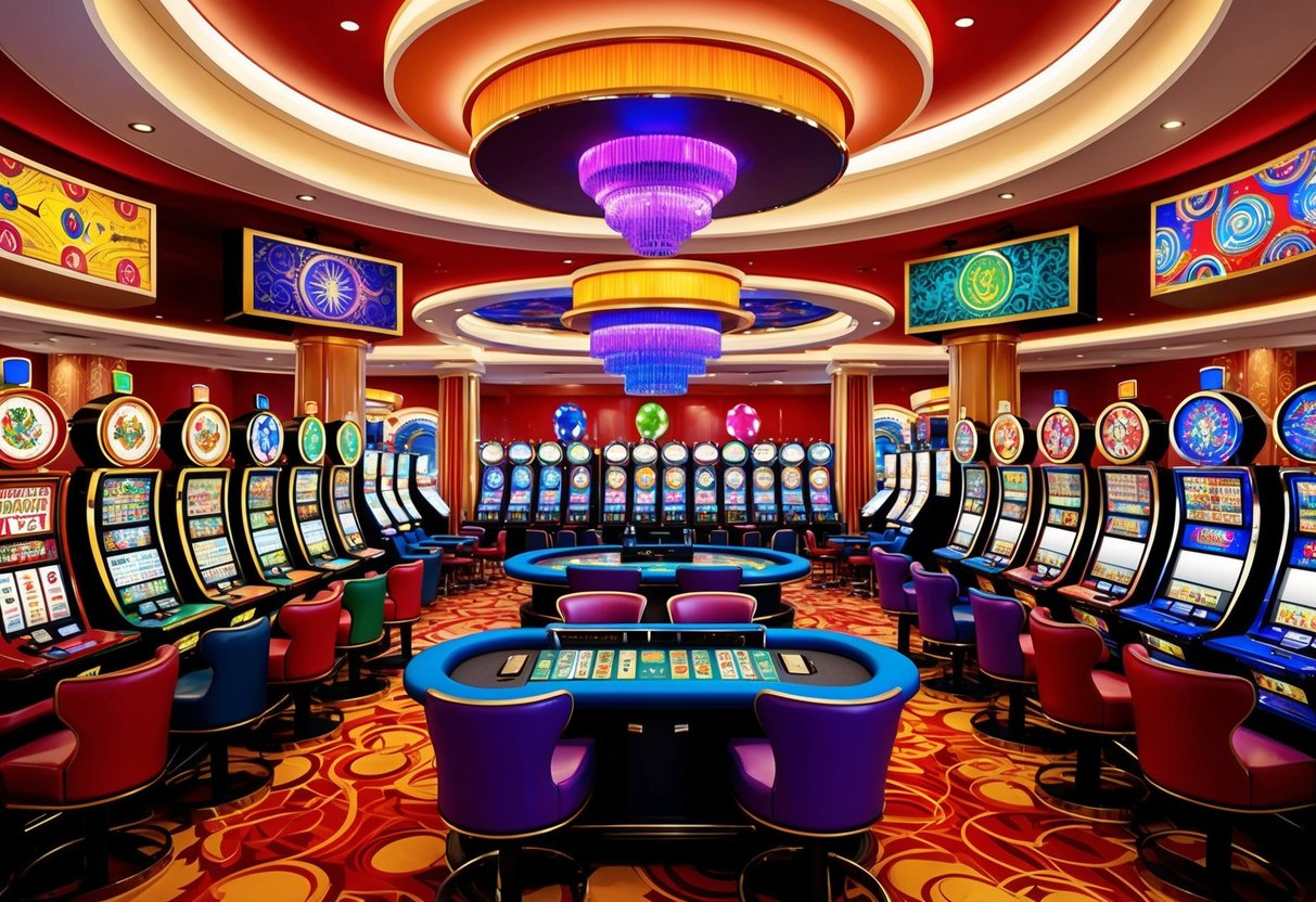 Un sol de casino vibrant avec des symboles culturels divers et des thèmes incorporés dans le design de diverses machines à sous et jeux de table.