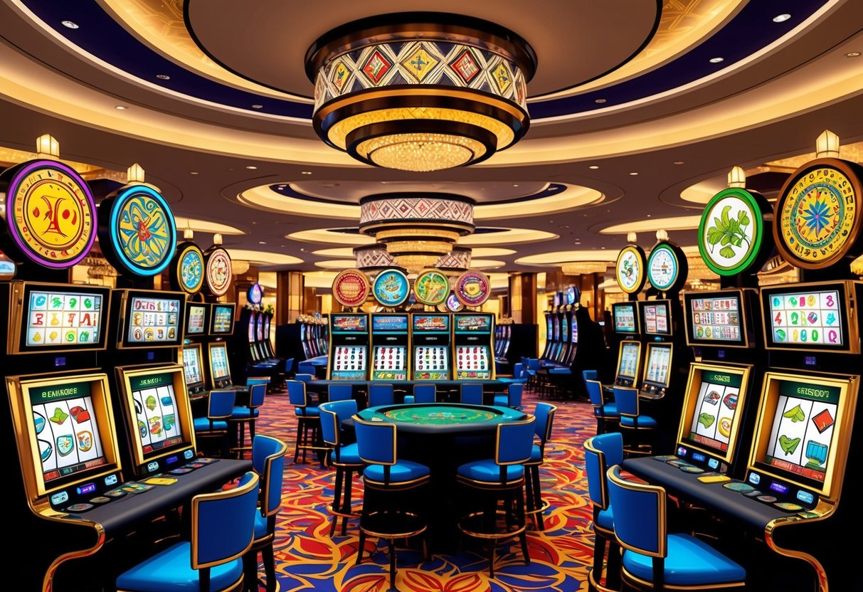 Un sol de casino animé avec des motifs culturels divers sur les machines à sous et les tables de jeu. Des symboles et une iconographie traditionnels du monde entier sont incorporés dans le décor vibrant.