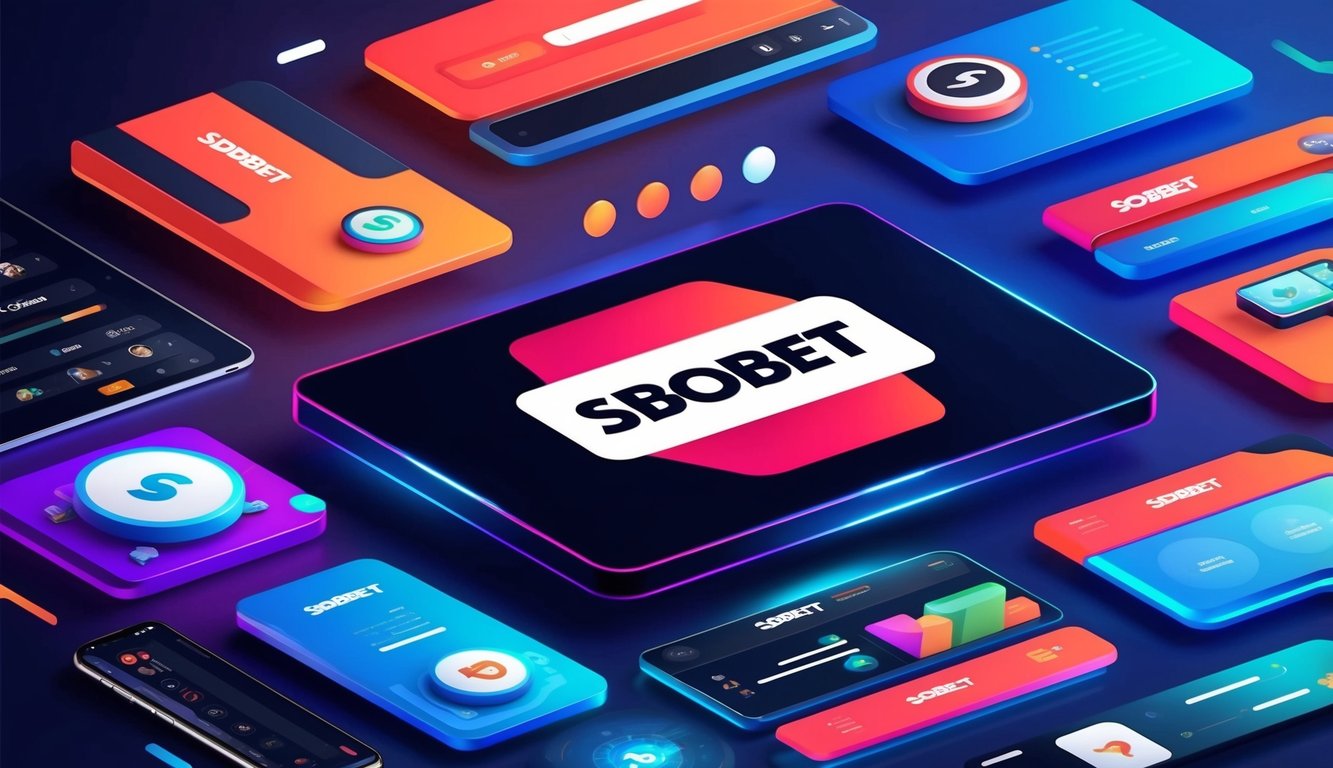 Sebuah tata letak situs web yang modern dan dinamis dengan logo Sbobet yang ditampilkan secara mencolok, dikelilingi oleh grafik yang ramping dan fitur interaktif