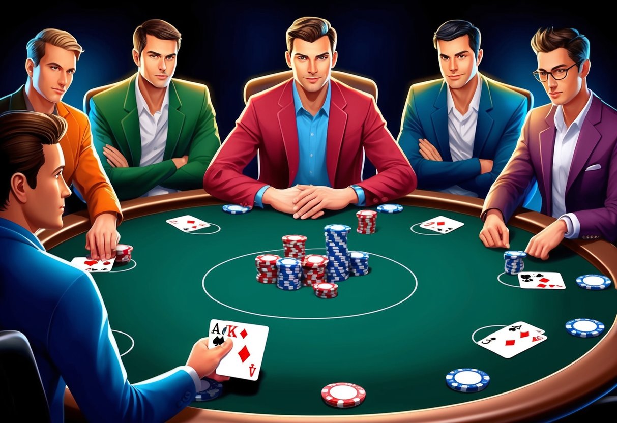 A poker table with digital cards and chips, a player bluffing confidently while others look on attentively.