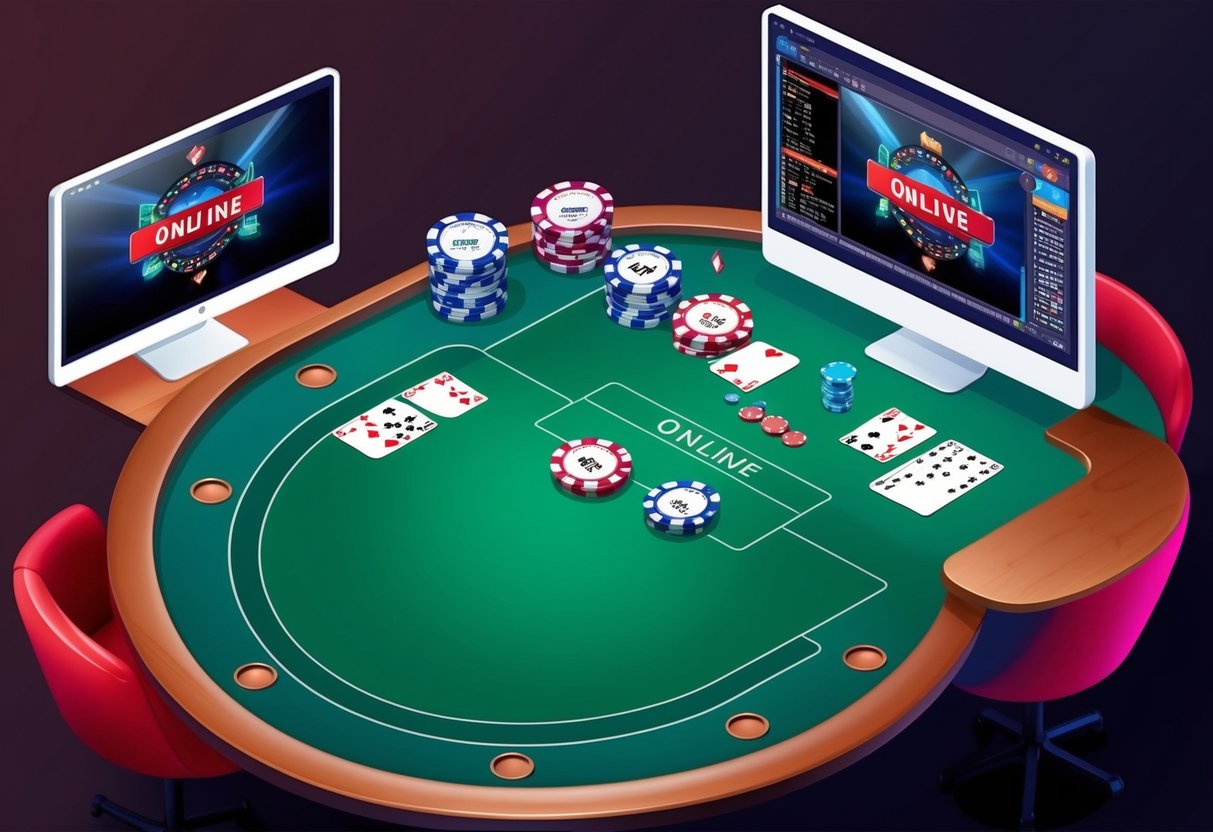 A poker table with chips, cards, and a computer screen displaying an intense online game