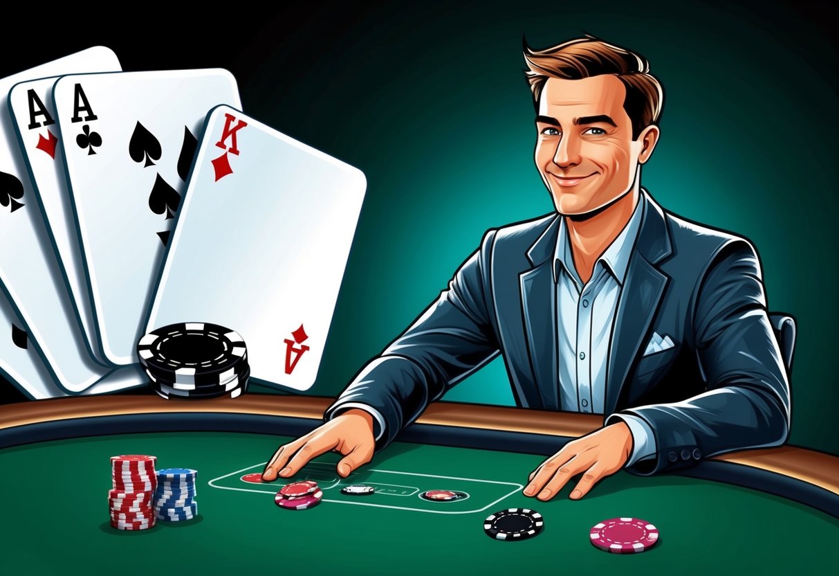 A poker table with digital cards and chips, a player with a confident expression and a slight smirk, hinting at a successful bluff.