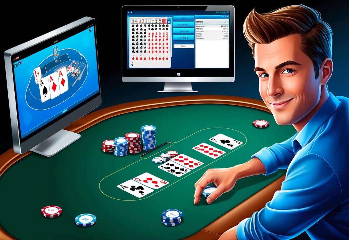 A poker table with digital cards and chips, a computer screen displaying the game interface, and a player with a confident expression.