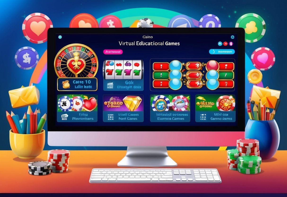 Une interface de casino virtuel avec des graphismes colorés et des jeux éducatifs affichés sur un écran d'ordinateur