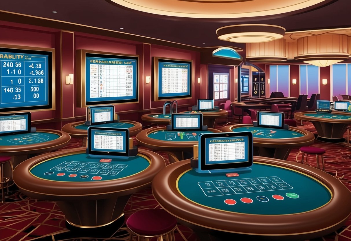 Un cadre de casino avec divers éléments éducatifs tels que des équations mathématiques, des graphiques de probabilité et des plans de jeu stratégiques affichés sur des écrans et des tables.