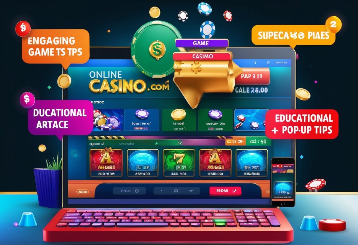 Une interface de casino en ligne colorée avec des graphismes de jeu engageants et des conseils éducatifs en pop-up