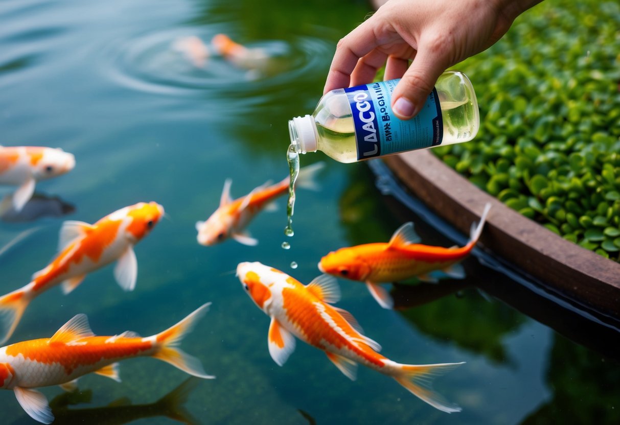 A koi pond with clear water, healthy fish swimming, and a bottle of lacto bacteria treatment being added to the water