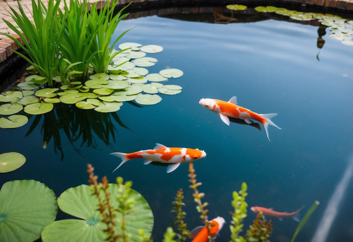 A serene koi pond with clear water, aquatic plants, and a balanced bacterial ecosystem