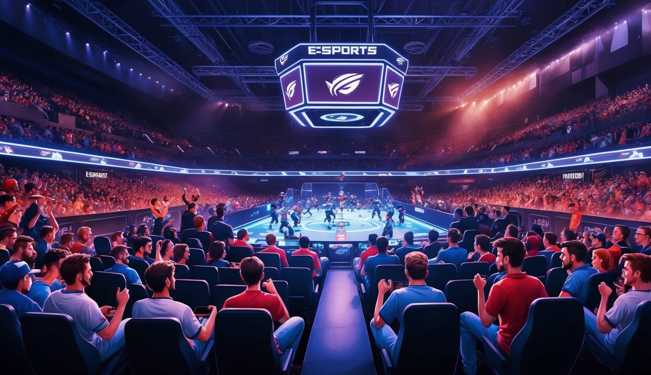 Arena e-sports yang ramai dengan permainan yang intens dan penggemar yang bersorak