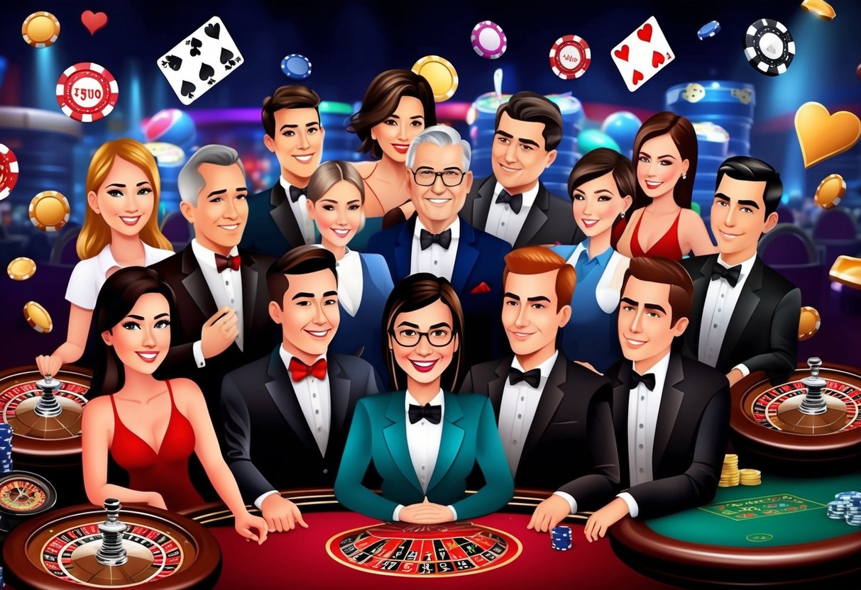 Un groupe de joueurs de casino avec différentes expressions et langages corporels, entouré de divers jeux et activités de casino.