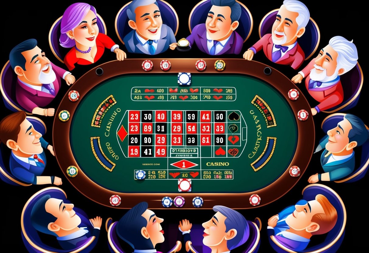 Une table de casino avec différents types de jeux de casino, entourée de différents profils de joueurs avec des expressions et un langage corporel variés.