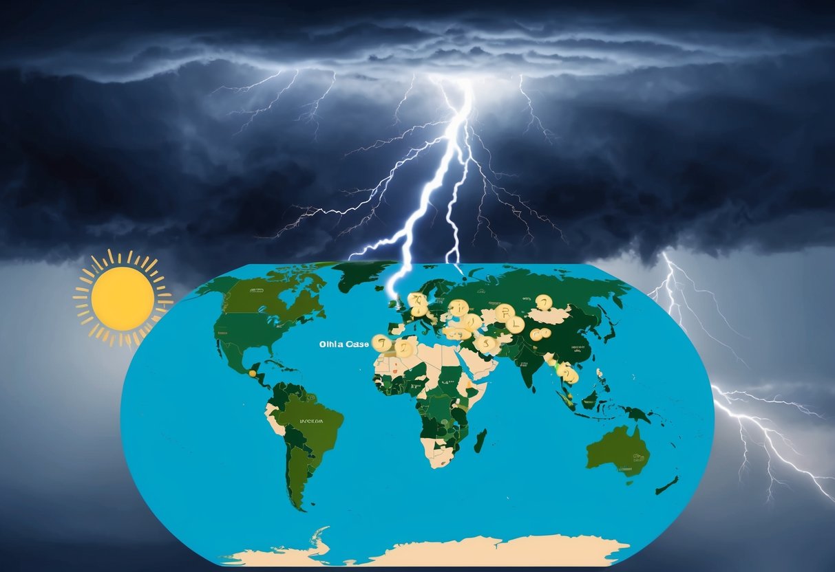 A stormy sky hovers over a world map, with lightning striking near the hotspots of online casinos. The sun shines on regions with clear weather, where players flock to their devices.