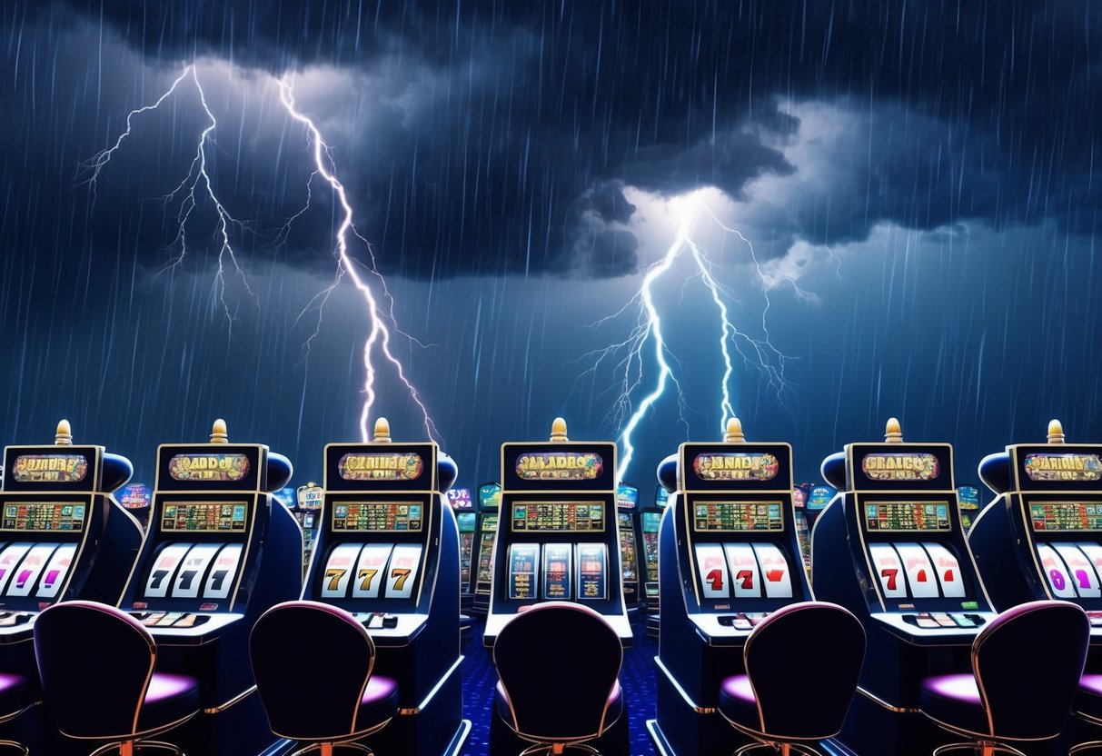 A stormy sky hovers over an animated online casino, with lightning streaking across the sky and rain pouring down in torrents, causing flickering and bugs on virtual slot machines.