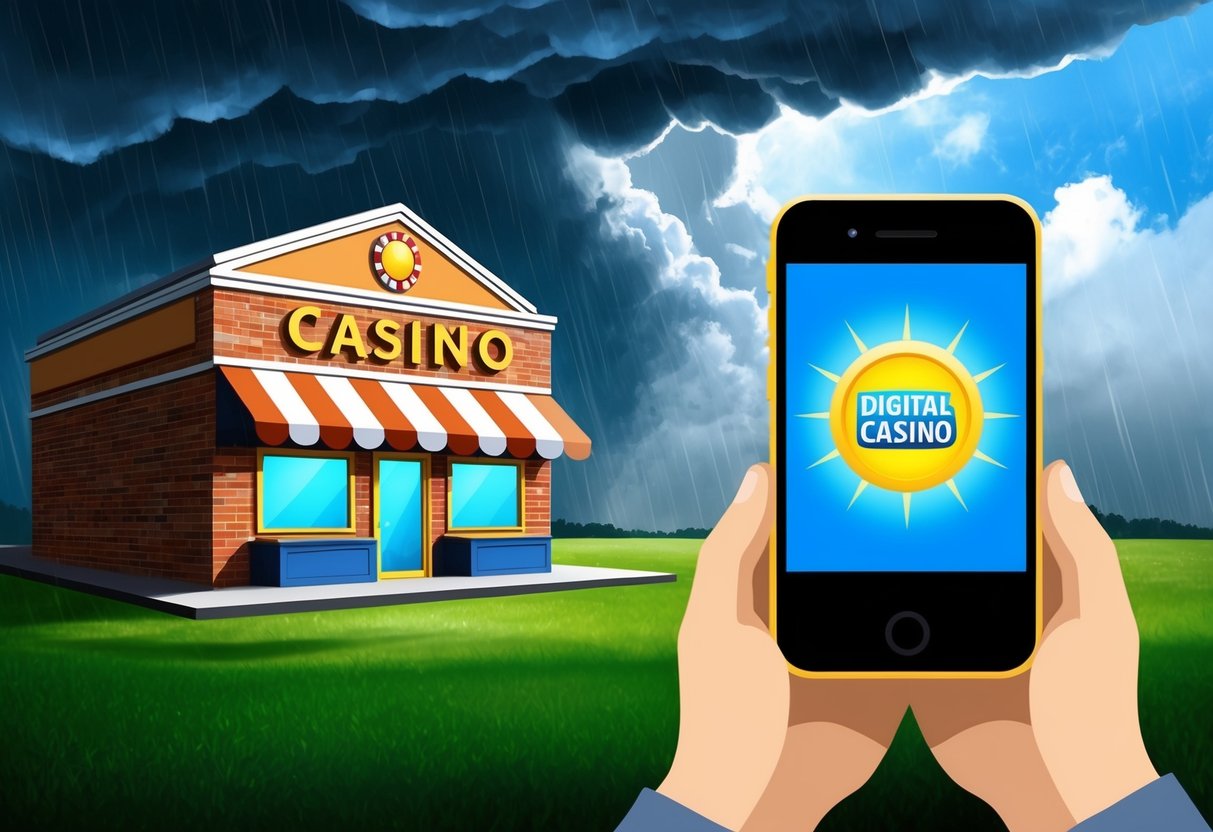 A stormy sky hovers over a traditional brick-and-mortar casino, while a bright and sunny digital casino shines on the screen of a nearby smartphone.