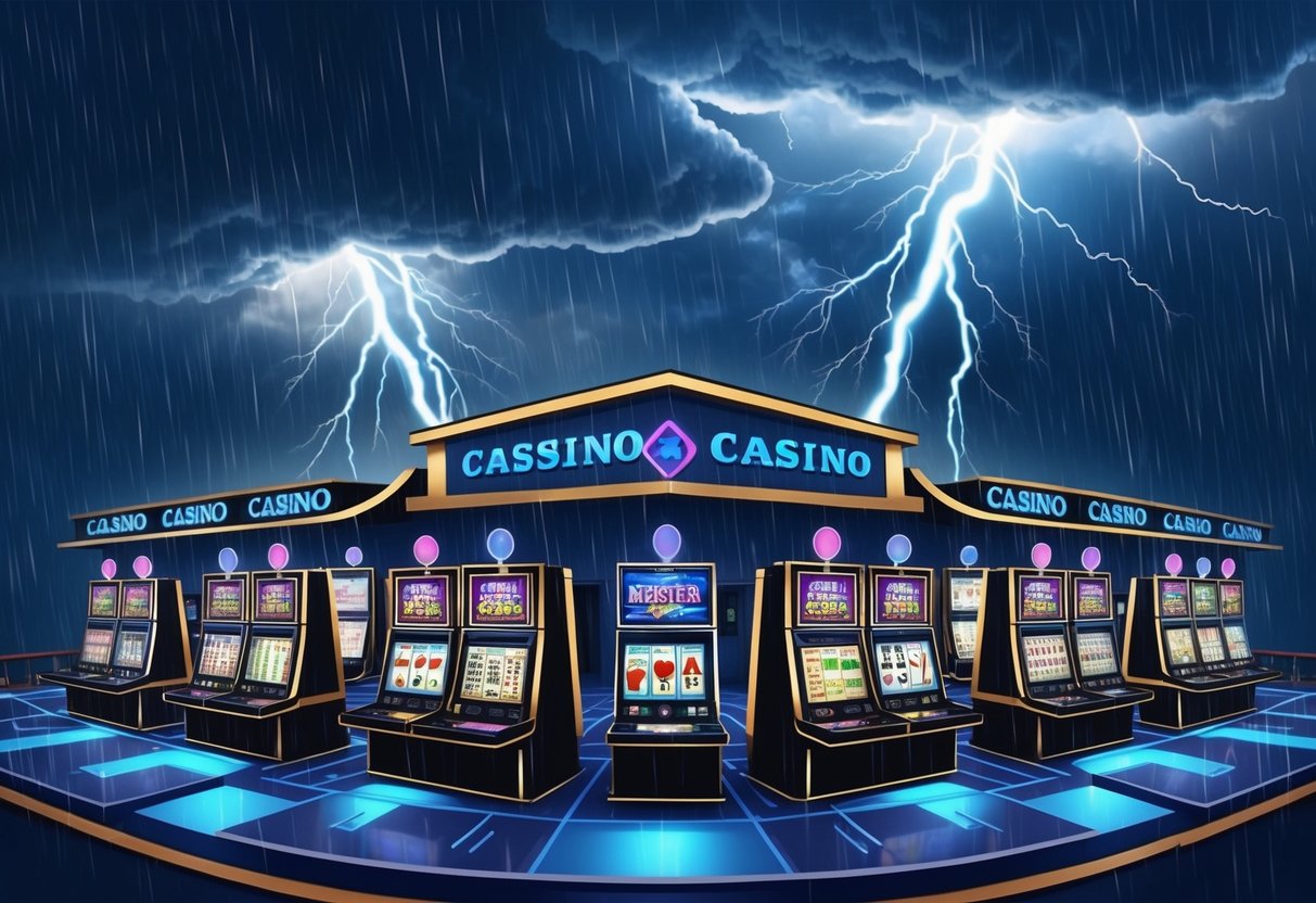 A stormy sky hovers over a virtual casino, with lightning flashing and rain falling. Digital slot machines and card tables are represented as being affected by changing weather conditions.