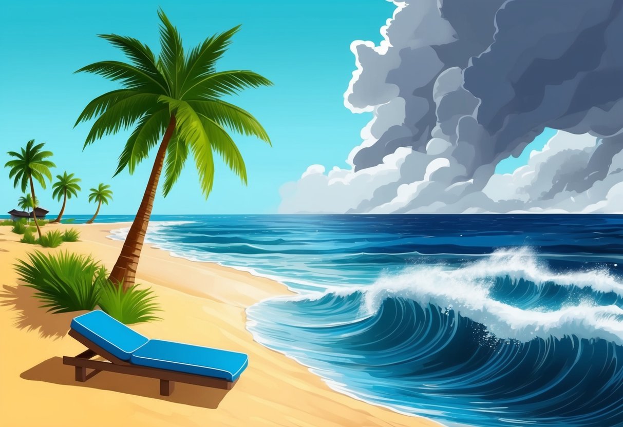 A sunny beach with palm trees and a calm ocean, contrasted by a stormy sky and tumultuous waves, symbolizing the economic impact of weather on online casinos worldwide.