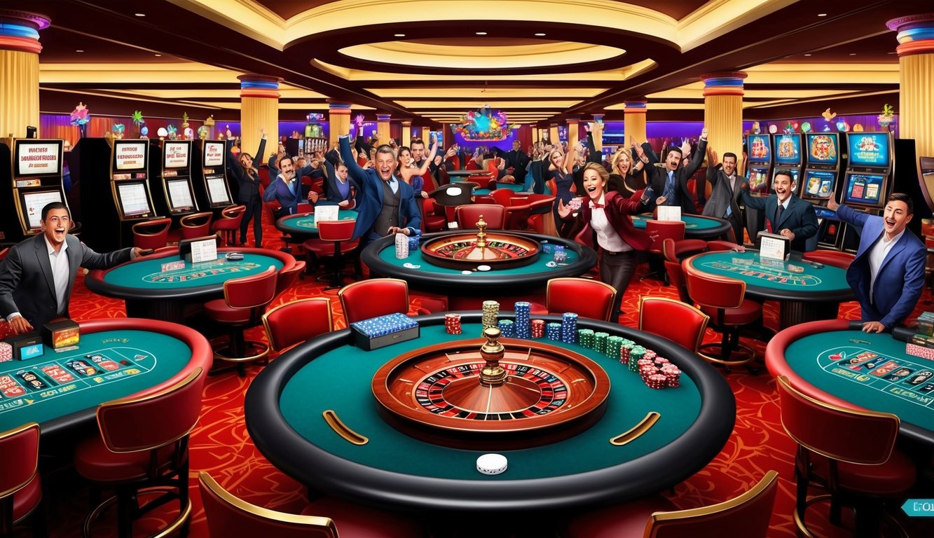 Sebuah suasana kasino yang hidup dengan meja kartu, roda roulette, dan mesin slot dikelilingi oleh pemain yang bersemangat dan dekorasi berwarna-warni