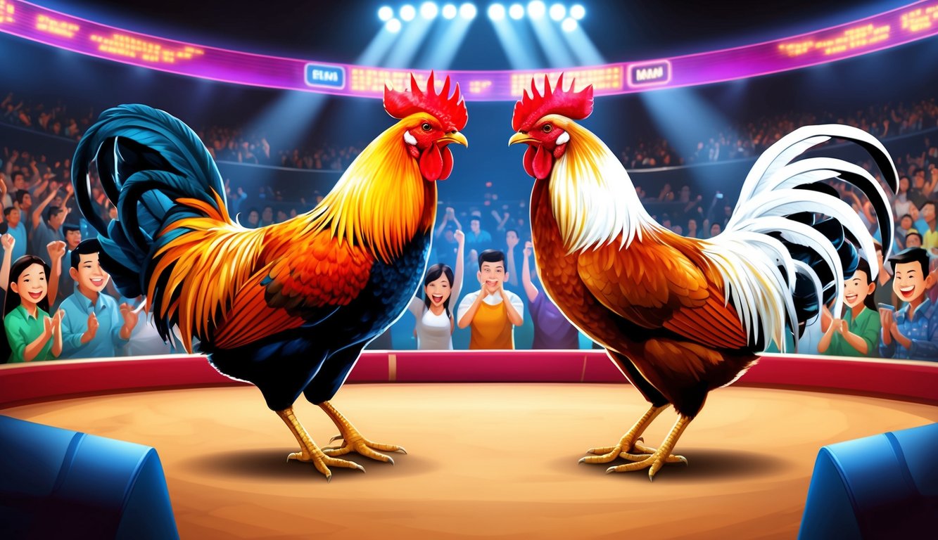 Dua ayam jantan berhadapan di arena sabung ayam online yang ramai, dikelilingi oleh penonton yang bersorak dan tampilan digital yang cerah