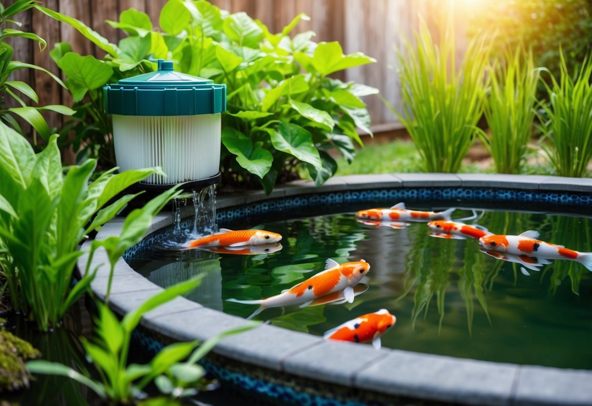 A serene koi pond with lush aquatic plants, clear water, and a bubbling filter system teeming with healthy bacteria