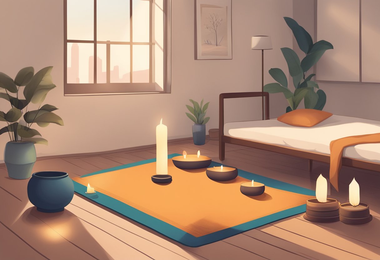 A serene, clutter-free space with a cushioned mat, soft lighting, and a small altar with candles and incense