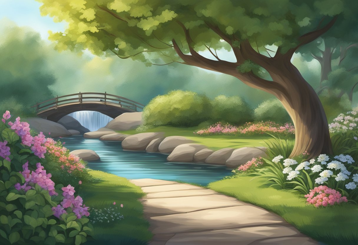 A tranquil garden with a flowing stream, blooming flowers, and a peaceful meditation space nestled under a shady tree