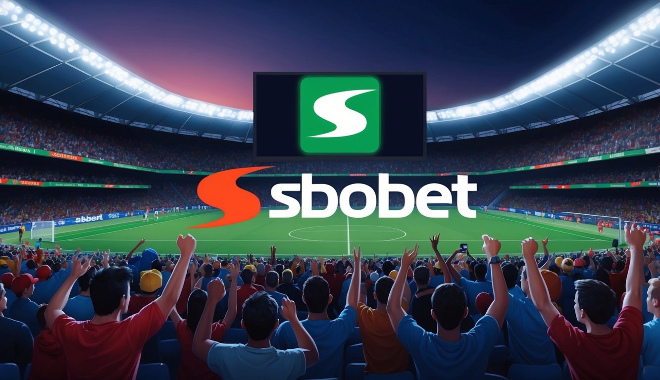 Sebuah stadion olahraga yang ramai dengan penggemar yang bersorak dan papan skor elektronik besar yang menampilkan logo Sbobet