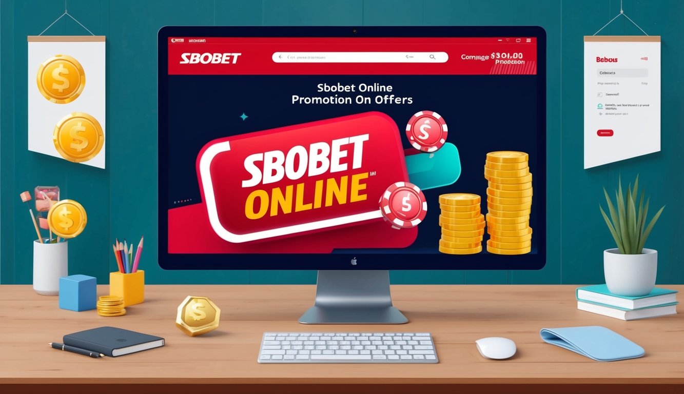 Sebuah layar komputer menampilkan promosi online Sbobet dengan tawaran bonus