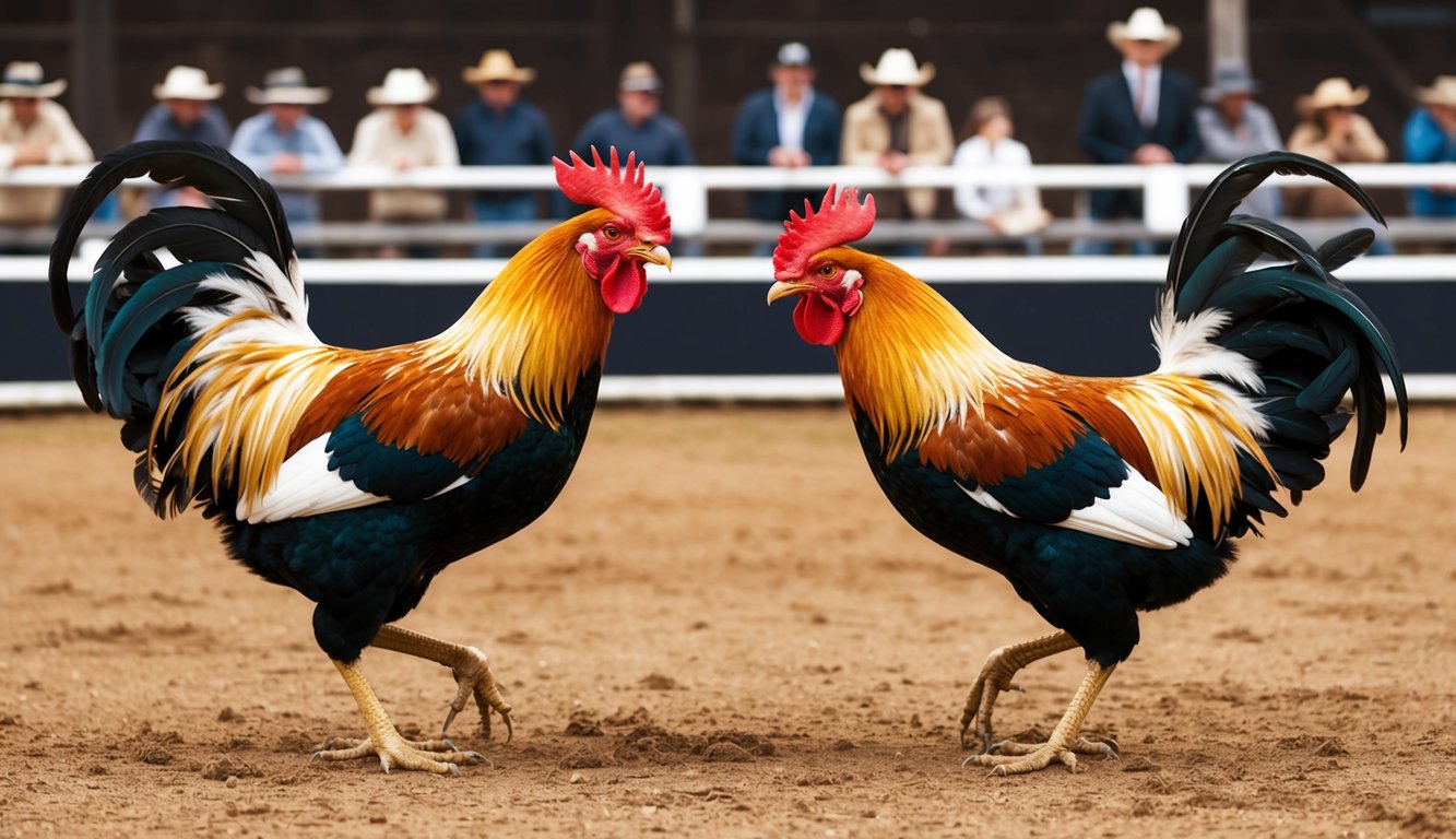 Dua ayam jantan saling berhadapan di arena tanah, bulu-bulu mereka mengembang, paruh terbuka dalam sikap agresif sementara para penonton menyaksikan dari pinggir.