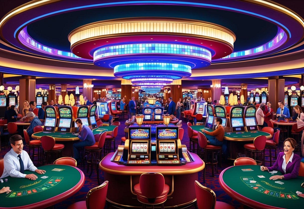 Un casino coloré et animé avec des lumières clignotantes, des machines à sous et des tables de cartes, entouré de joueurs excités et d'une ambiance vivante