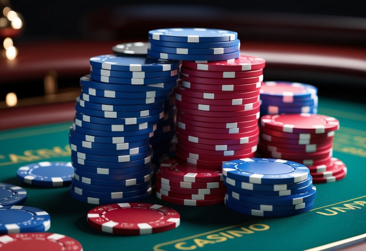 Une pile de jetons de casino impayés sur une table de jeu virtuelle