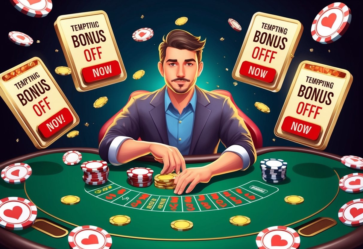 Un joueur de casino entouré d'offres de bonus tentantes, mais avec un sentiment de scepticisme et de prudence.