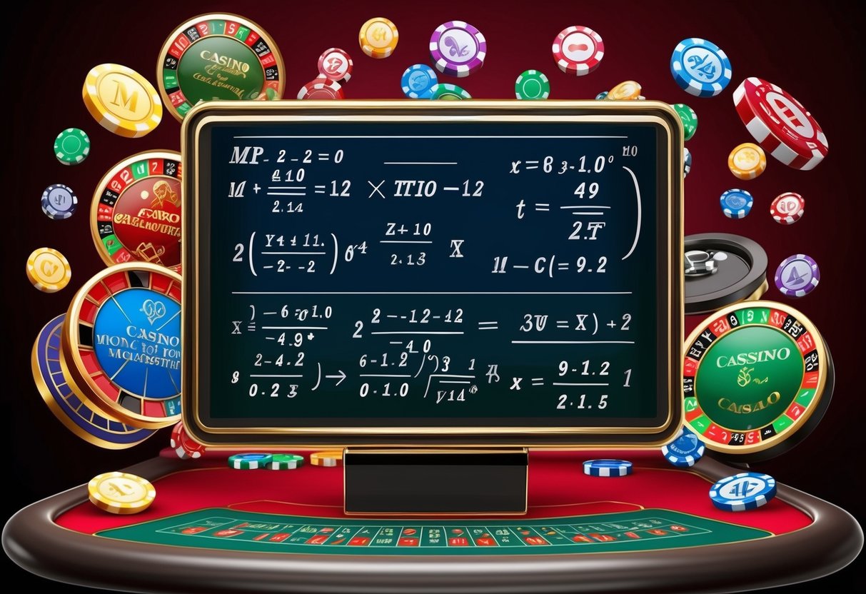 Une table de casino avec diverses équations mathématiques et calculs affichés à l'écran, entourée de jeux de casino colorés et de symboles.