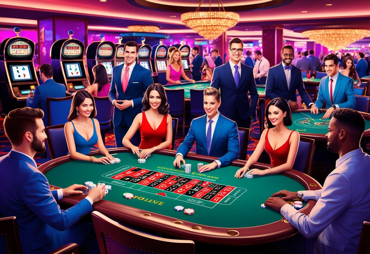 Un groupe de personnes jouant à des jeux de casino basés sur les compétences dans un casino animé et vibrant, avec divers jeux tels que le poker, le blackjack et la roulette.