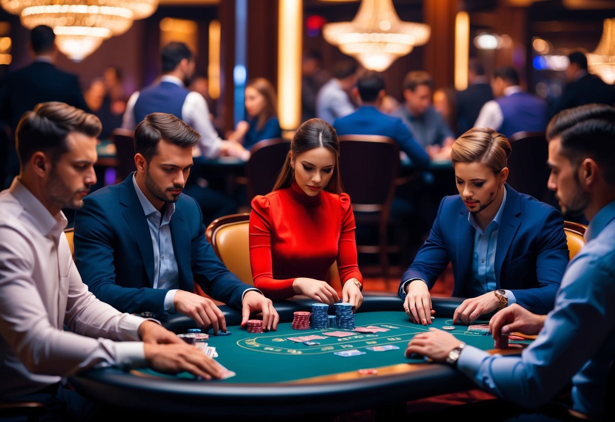 Un groupe de joueurs à une table de casino, concentrés sur leurs cartes et leurs jetons, avec une atmosphère tendue et compétitive.