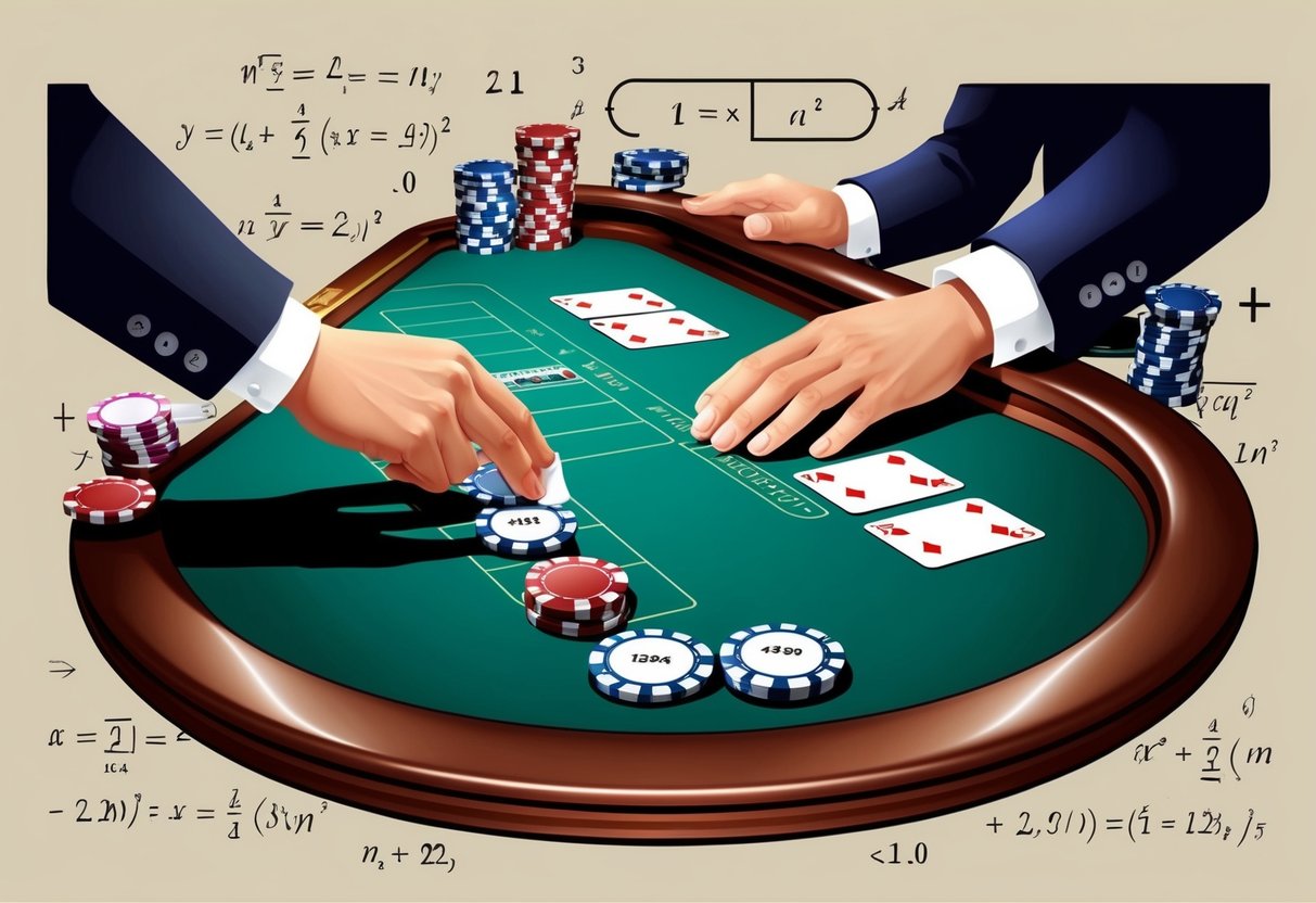 Une table de casino avec des cartes et des jetons, entourée d'équations et de symboles mathématiques. La main d'une personne tendue vers une carte.