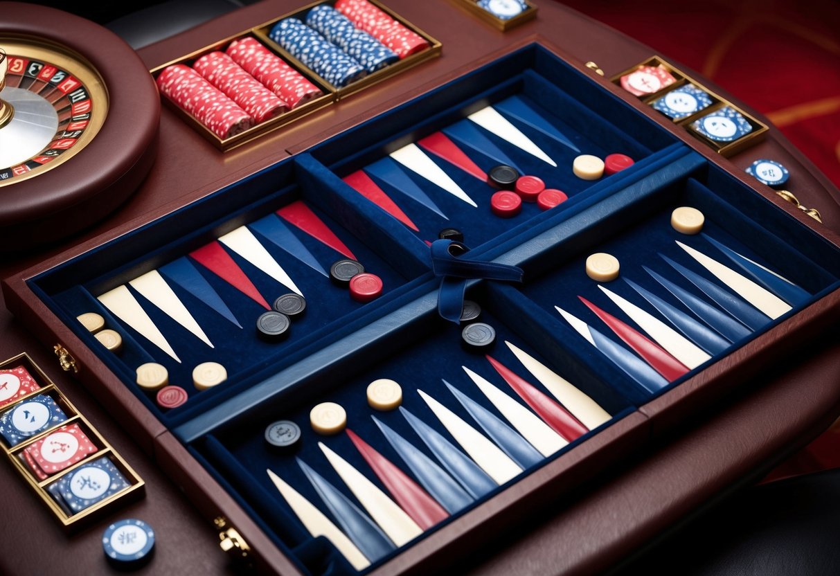 Un plateau de backgammon préparé pour une partie dans un cadre de casino