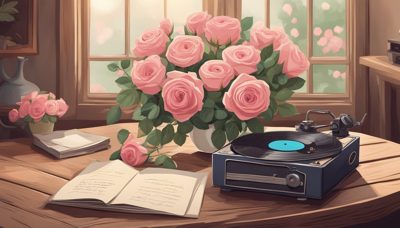 A bouquet of blooming roses and a handwritten card sit on a rustic wooden table, surrounded by family photos and a vintage record player