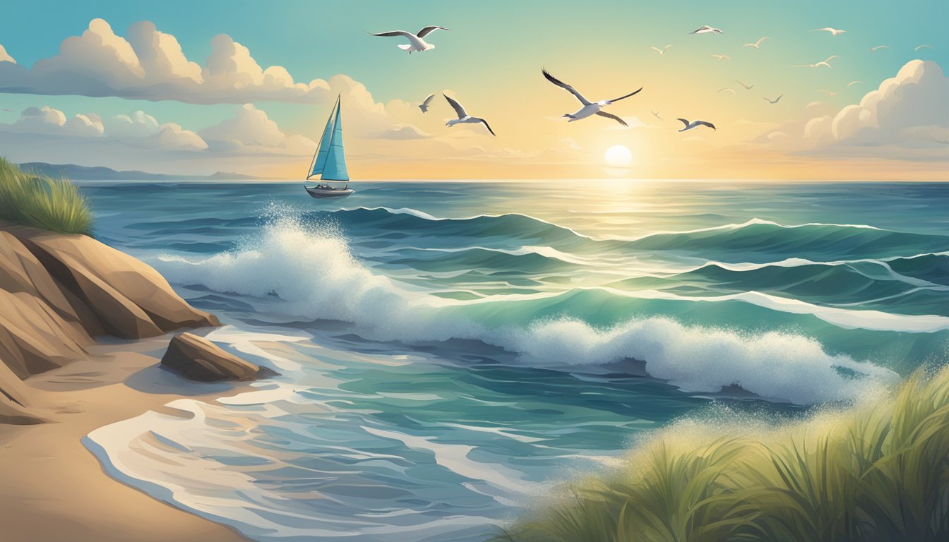 A serene beach with waves crashing against the shore, seagulls flying overhead, and a distant sailboat on the horizon